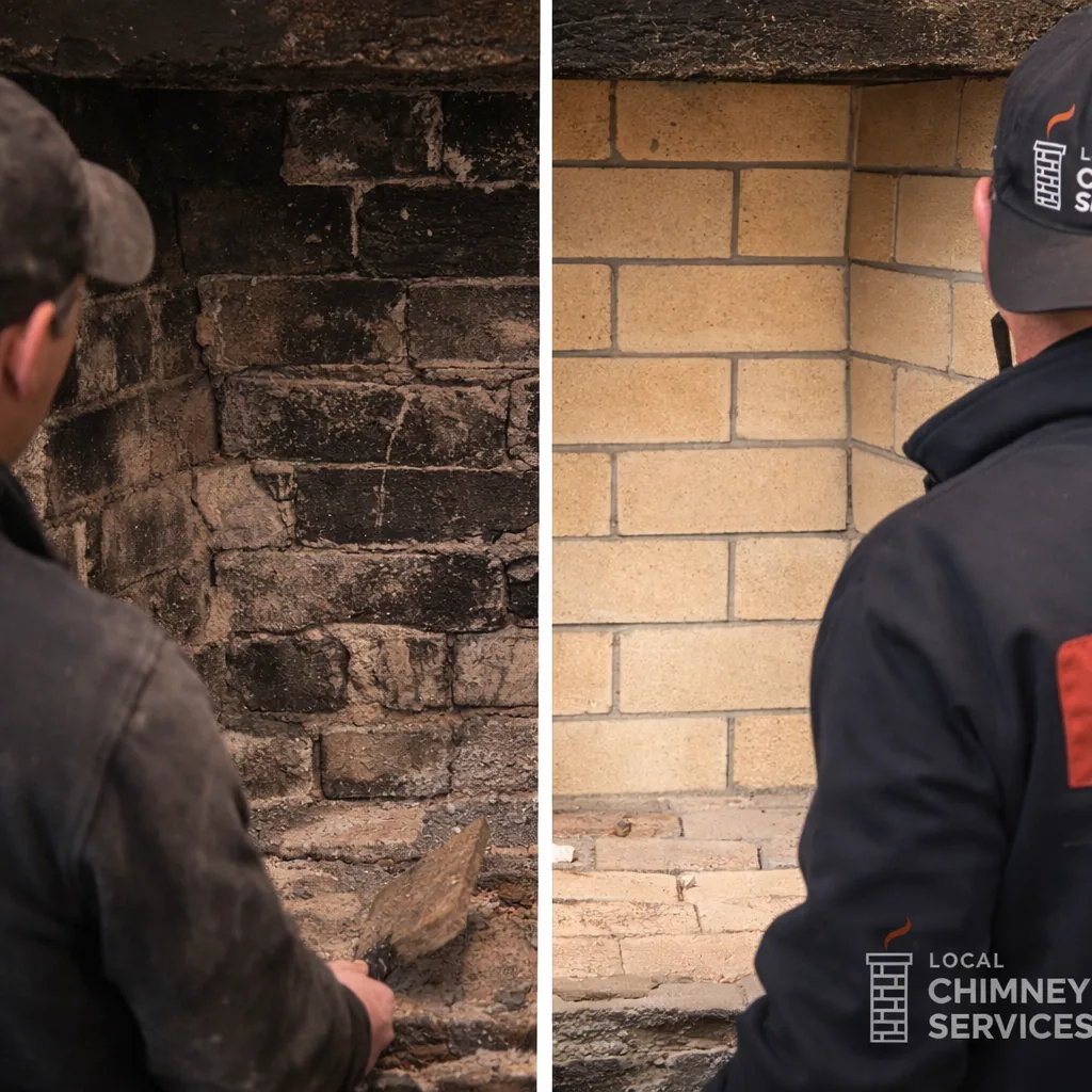Side by side of a cracked, crumbling firebox before repair and the same firebox with new firebrick and repointed joints after