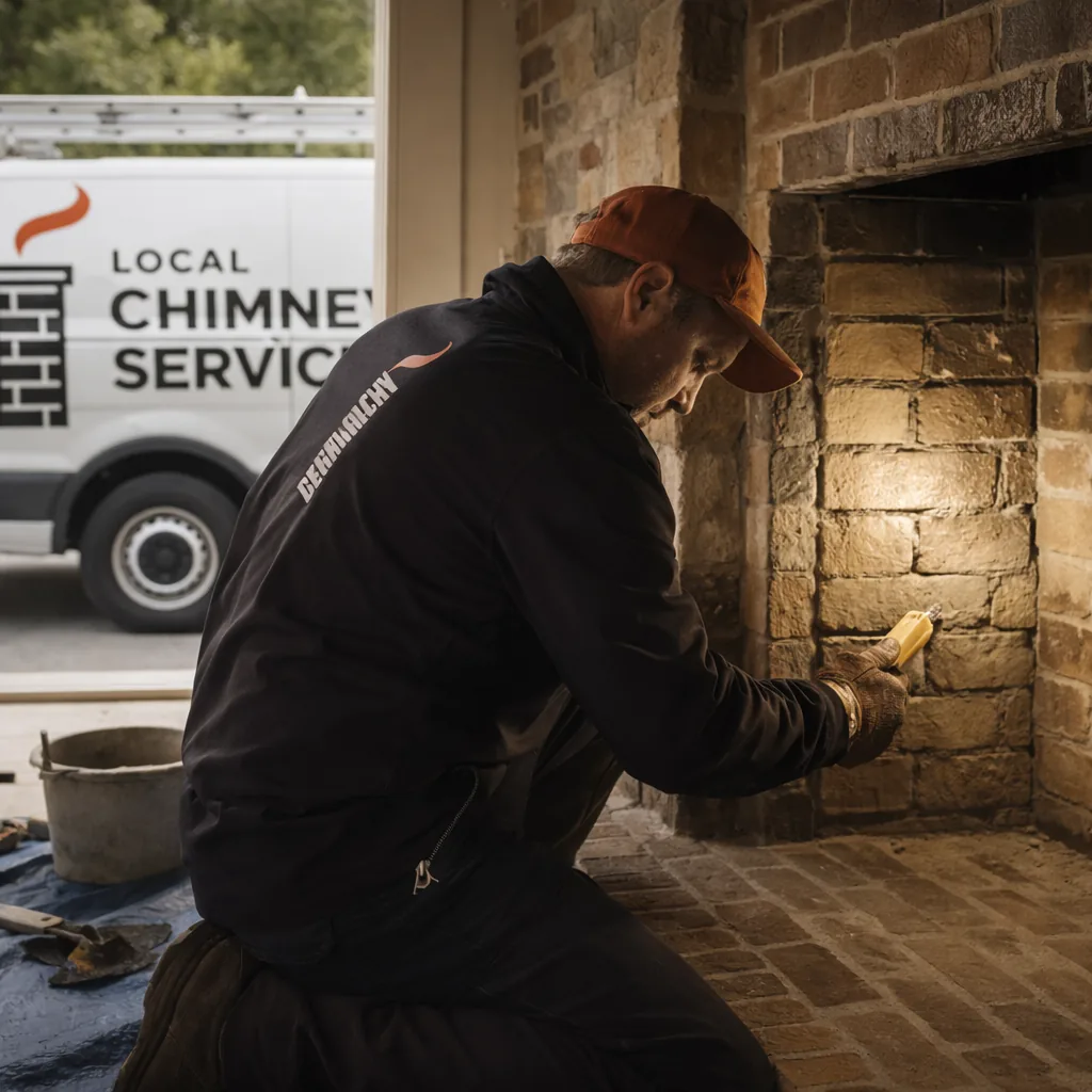 A technician repairing cracked firebrick inside the firebox of a masonry fireplace in a Greenwich area home