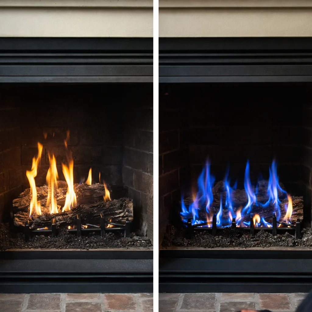Side by side of a gas fireplace burning with an uneven yellow flame before service and a clean blue-based flame after