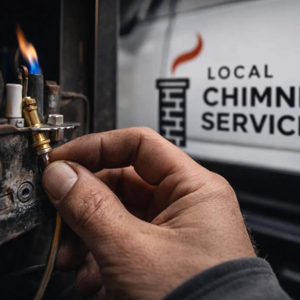 Close-up of a technician's hand adjusting a thermocouple near a gas fireplace pilot assembly