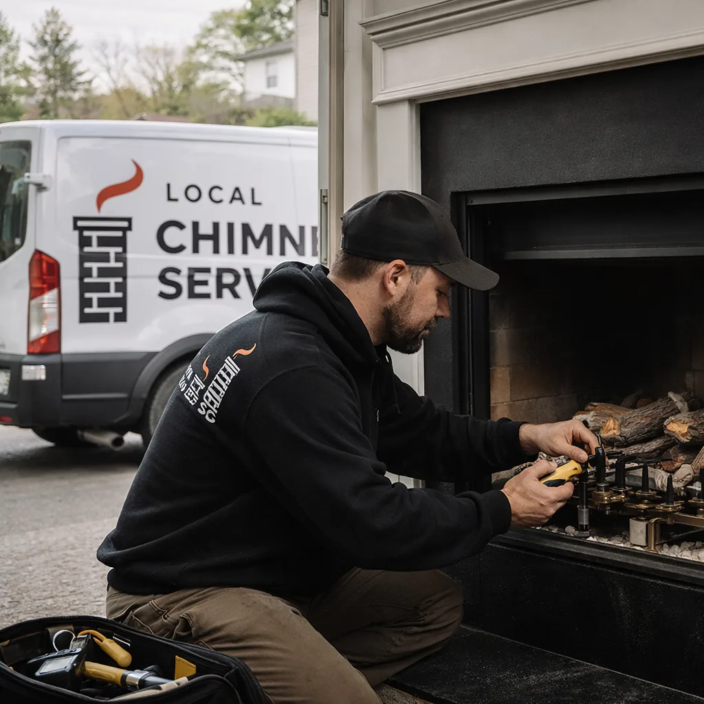 A technician servicing the burner and pilot assembly of an open gas fireplace insert in a Greenwich area home