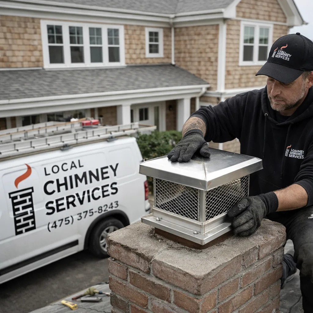 Technician on a rooftop fitting a new chimney cap on a coastal style home