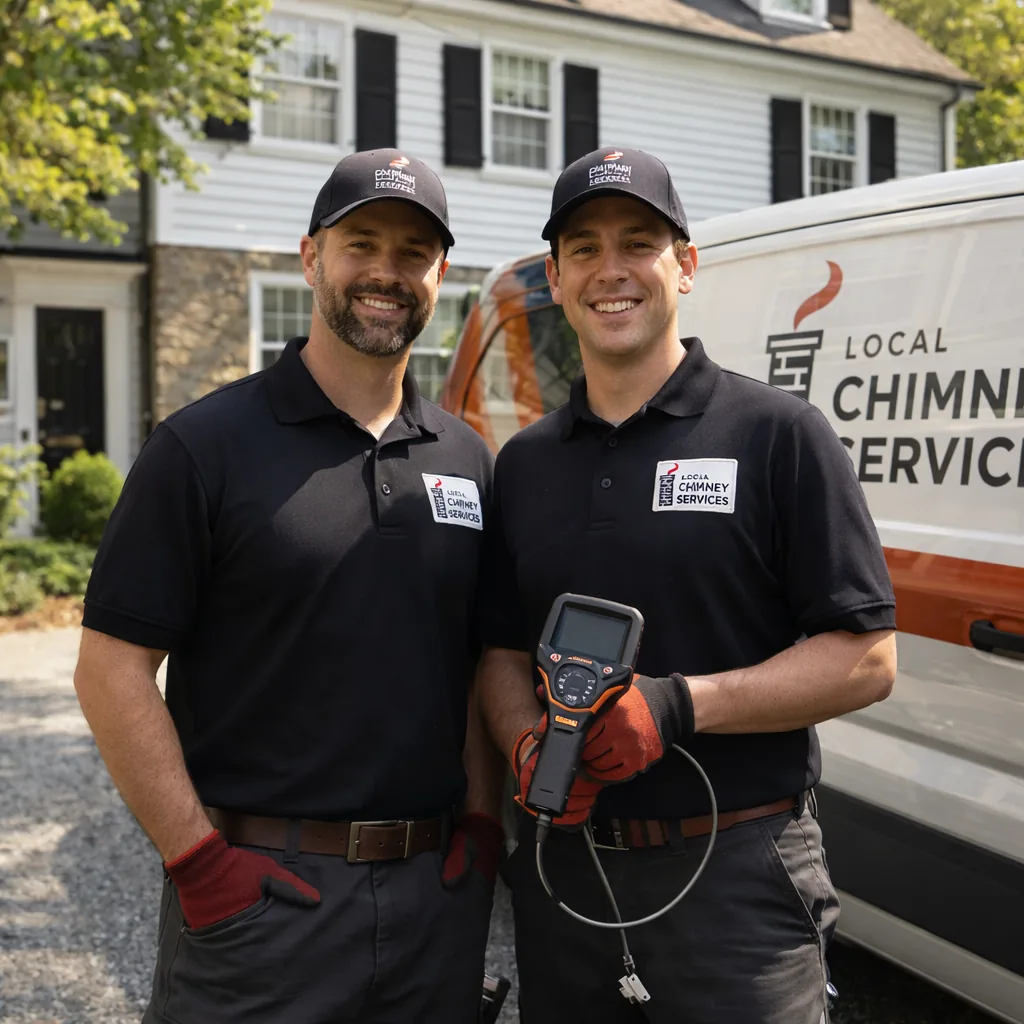Two uniformed Local Chimney Services technicians standing beside a service van in front of a Greenwich area colonial home, one holding an inspection camera