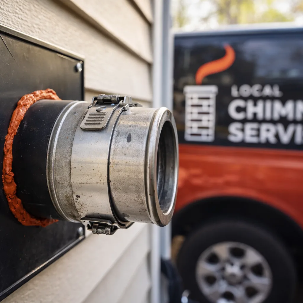 Close-up of a pellet vent pipe connection where it passes through an exterior wall