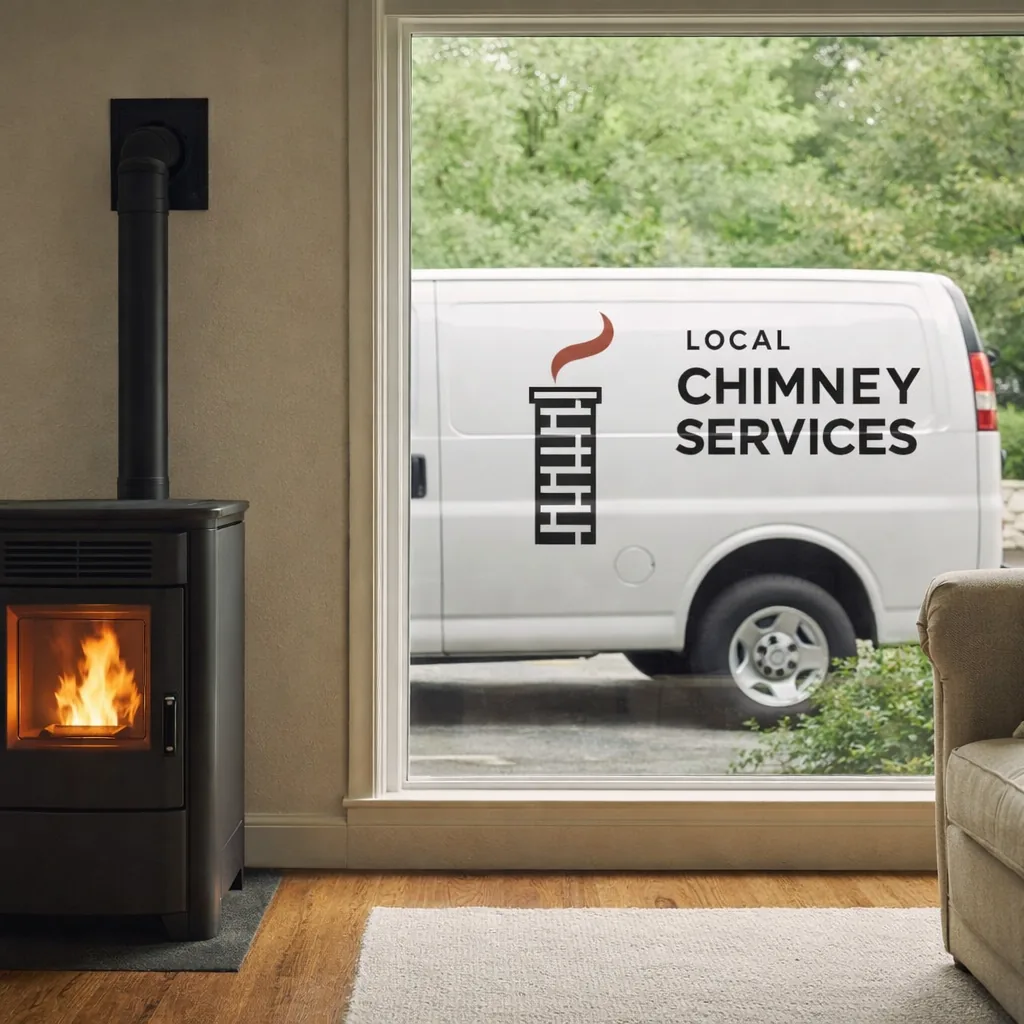 A newly installed pellet stove in a Greenwich area family room with its vent pipe visible along an exterior wall