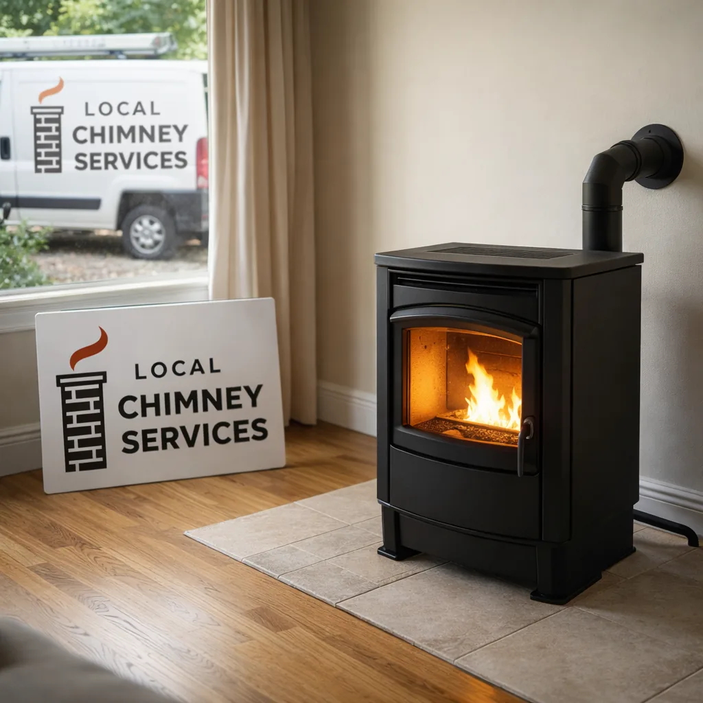 A freshly installed pellet stove in a Greenwich area family room, vent pipe visible running to an exterior wall