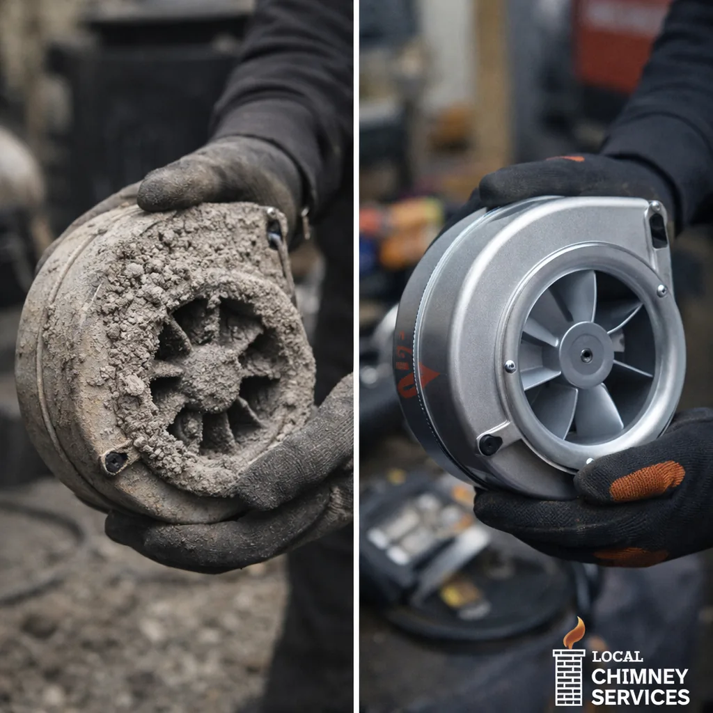 Pellet stove exhaust blower caked in ash before cleaning shown beside the same blower clean after service