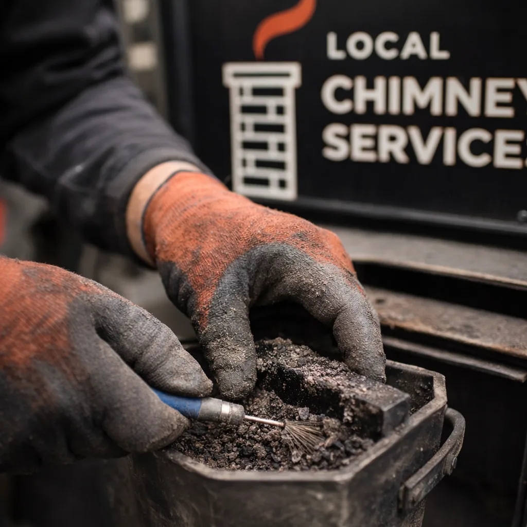 Close-up of a technician's hands cleaning ash and debris from a pellet stove burn pot