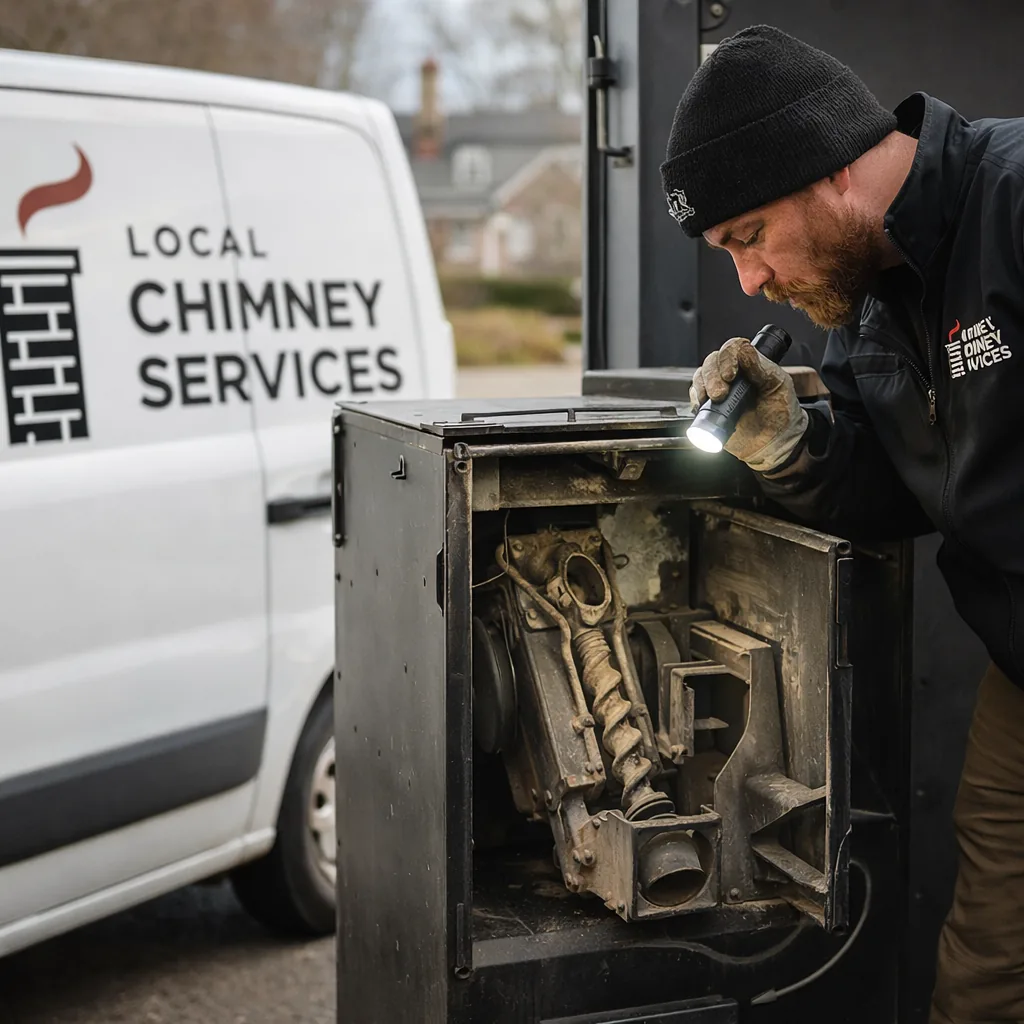 Technician with the side panel removed from a pellet stove, inspecting the auger and burn pot mechanism
