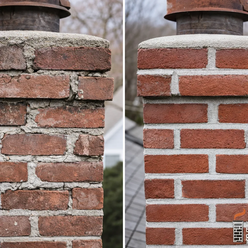 Side by side of a chimney with crumbling, gapped mortar joints before repointing and tight, freshly repointed joints after