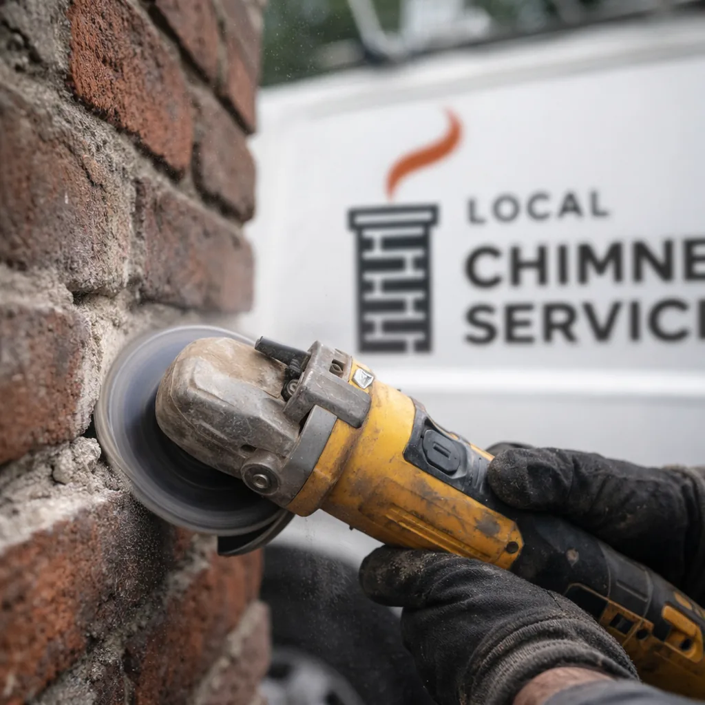 Close-up of a technician grinding out a deteriorated mortar joint on a brick chimney