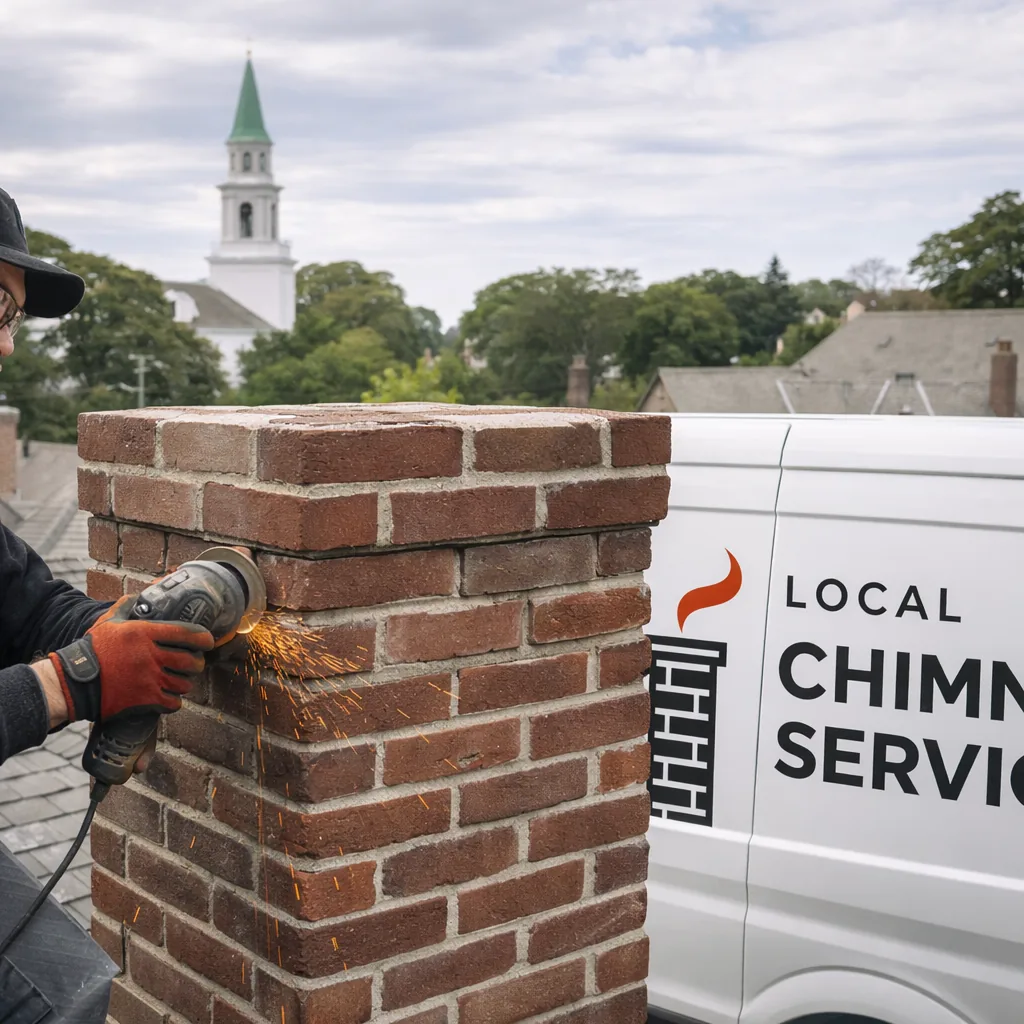 A technician grinding out deteriorated mortar joints on the brick face of a chimney against a Greenwich area rooftop
